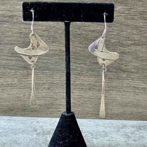 Artist Signed 925 Sterling Silver Abstract Free Form Drop Pierced Earrings 2.75" - Picture 1 of 7